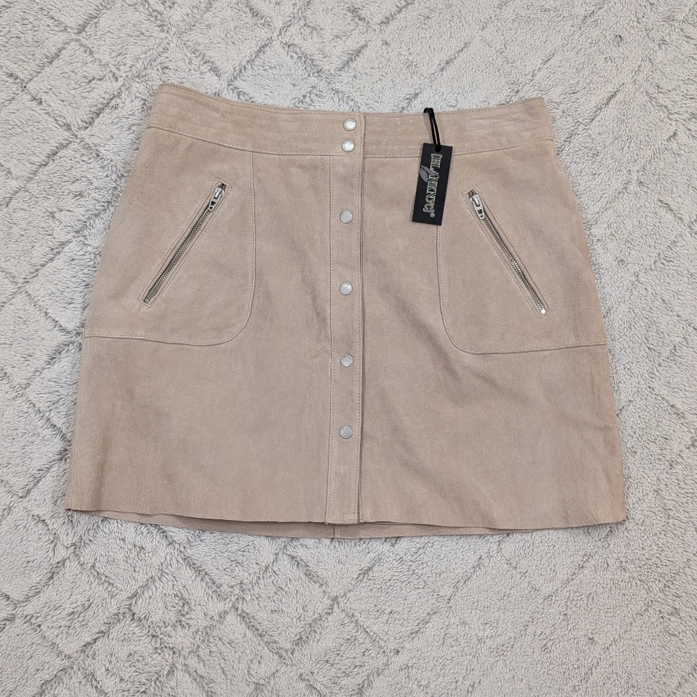 BlankNyc Skirt Womens 31 Beige Fawn Denim Snap Front Suede Mini Moto Rock NEW